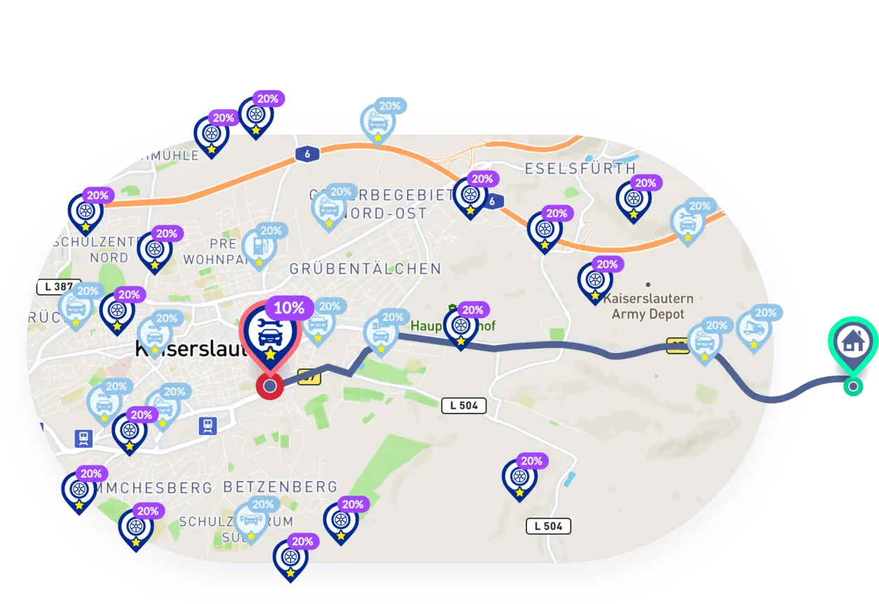 Op een kaart staan verschillende winkelmarkeringen, waarvan er één groter is en een rode rand heeft. Een andere, grotere marker geeft een huisadres aan met een turquoise rand. Tussen de twee markeringen loopt een route die de kortste route van het huisadres naar de winkel aangeeft.